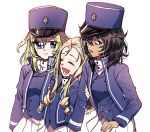  3girls andou_(girls_und_panzer) arm_grab bc_freedom_(emblem) bc_freedom_military_uniform black_hair blonde_hair blue_eyes blue_hat blue_jacket blue_vest brown_eyes closed_mouth commentary_request dark_skin dress_shirt drill_hair emblem eyebrows_visible_through_hair girls_und_panzer hat high_collar jacket laughing light_particles long_hair long_sleeves looking_at_another looking_at_viewer marie_(girls_und_panzer) military military_hat military_uniform miniskirt multiple_girls open_mouth oshida_(girls_und_panzer) parted_lips pleated_skirt shako_cap shirt shutou_mq simple_background skirt smile standing uniform vest white_background white_shirt white_skirt 