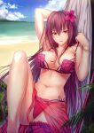  1girl arm_up bangs beach bikini bikini_pull blush bracelet breasts commentary day eyebrows_visible_through_hair fate/grand_order fate_(series) flower gae_bolg hair_between_eyes hair_flower hair_ornament hammock hand_up highres jewelry knee_up large_breasts light_smile long_hair looking_at_viewer luzi navel outdoors parted_lips polearm purple_bikini purple_flower purple_hair sarong scathach_(fate/grand_order) scathach_(swimsuit_assassin)_(fate) sidelocks smile solo spear swimsuit thighs tsurime violet_eyes weapon 