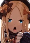  1girl abigail_williams_(fate/grand_order) artist_name bangs black_bow black_dress black_hat blonde_hair blue_eyes bow commentary_request dress dyolf fate/grand_order fate_(series) forehead hair_bow hat head_tilt long_hair long_sleeves open_mouth orange_bow parted_bangs polka_dot polka_dot_bow simple_background sleeves_past_fingers sleeves_past_wrists solo tongue tongue_out translation_request white_background 