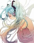  1girl absurdres blue_hair character_name closed_eyes crying detached_sleeves grey_shirt hatsune_miku headphones highres long_hair makoji_(yomogi) open_mouth shaded_face shirt simple_background solo_focus tears twintails very_long_hair vocaloid white_background 