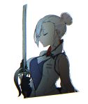  1girl closed_eyes commentary_request esu_(transc) hair_bun rwby saber_(weapon) solo stance sword weapon white_hair winter_schnee 