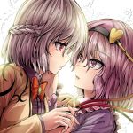  2girls bow bowtie braid brown_jacket face-to-face frilled_sleeves frills from_side hairband hand_holding hand_on_another&#039;s_cheek hand_on_another&#039;s_face heart interlocked_fingers jacket kishin_sagume komeiji_satori light long_sleeves looking_at_another medium_hair multiple_girls open_clothes open_jacket pink_eyes pink_hair red_eyes red_neckwear silver_hair touhou upper_body y2 yuri 
