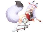 1girl animal_ears ass bangs barbariank blue_eyes blush breasts commentary erect_nipples eyebrows_visible_through_hair fluffy fox_ears fox_girl fox_tail hair_between_eyes headdress japanese_clothes large_breasts long_hair long_sleeves looking_at_viewer lying mole mole_under_eye no_shoes off_shoulder on_side open_mouth original solo tail thigh-highs transparent_background white_hair white_legwear wrist_cuffs 