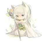  1girl animal_ears bangs blue_eyes cape cat_ears chibi closed_mouth copyright_request expressionless food fruit full_body gloves green_gloves grey_hair holding holding_staff japanese_clothes kimono leaf long_hair looking_away looking_down lpip mandarin_orange ponytail seiza signature sitting solo staff white_cape white_kimono 
