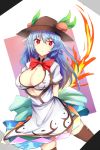  1girl :&lt; arms_behind_back bangs black_hat black_legwear blue_eyes blue_skirt bow bowtie bra breasts cleavage eyebrows_visible_through_hair food fruit hat highres hinanawi_tenshi large_breasts long_hair looking_at_viewer peach puffy_short_sleeves puffy_sleeves red_eyes red_neckwear shirt short_sleeves skirt solo standing sword_of_hisou thigh-highs touhou uchisukui underwear white_background white_bra white_shirt 