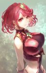  1girl bare_shoulders blush breasts earrings gloves hair_ornament highres pyra_(xenoblade) jewelry looking_at_viewer red_eyes redhead short_hair signo_aaa simple_background smile solo tiara xenoblade xenoblade_2 