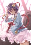  1girl blouse blue_blouse buttons collar collared_blouse commentary_request cowboy_shot frilled_collar frilled_skirt frilled_sleeves frills hairband hand_on_own_head heart komeiji_satori long_sleeves looking_at_viewer purple_hair short_hair skirt solo third_eye touhou usotsuki_penta violet_eyes white_skirt wide_sleeves 