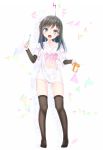  1girl alternate_costume arm_warmers asashio_(kantai_collection) black_hair black_legwear blue_eyes commentary_request cup full_body gotou_hisashi highres kantai_collection long_hair mug open_mouth shirt solo standing t-shirt thigh-highs toothbrush 