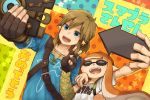  1boy 1girl aisawa_natsu bangs blonde_hair blue_eyes blunt_bangs cellphone domino_mask earrings gloves inkling jewelry link long_hair mask orange_hair paint_splatter phone pointy_ears self_shot sheikah_slate simple_background smile splatoon splatoon_1 squidbeak_splatoon super_smash_bros. tentacle_hair the_legend_of_zelda the_legend_of_zelda:_breath_of_the_wild topknot veil 