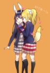  2girls animal_ears ayase_eli blonde_hair blue_hair blush closed_eyes eyebrows_visible_through_hair feet_out_of_frame fox_tail futonchan hair_between_eyes hand_on_another&#039;s_face hand_on_another&#039;s_hip heart long_hair love_live! love_live!_school_idol_project multiple_girls pleated_skirt ponytail rabbit_ears school_uniform simple_background skirt sonoda_umi standing tail yellow_eyes yuri 