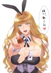  1girl animal_ears bangs bare_shoulders black_leotard blonde_hair blue_eyes blunt_bangs blush breasts brooch chocolate cleavage corset cross-laced_clothes daglasses detached_collar eyebrows_visible_through_hair eyelashes food hair_intakes highres holding holding_food jewelry large_breasts leotard long_hair looking_at_viewer open_mouth original rabbit_ears shiny shiny_hair simple_background smile solo wavy_hair white_background wrist_cuffs 