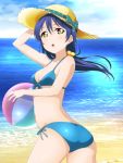  1girl ass ball bangs beach beachball bikini blue_bikini blue_hair blush clouds commentary_request cowboy_shot day from_behind hair_between_eyes hand_on_headwear hat highres holding kuusuke_(yo_suke39) long_hair looking_up love_live! love_live!_school_idol_project navel ocean open_mouth outdoors side-tie_bikini sky solo sonoda_umi swimsuit tied_hair water yellow_eyes 