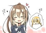  2girls :d ? blonde_hair blush brown_hair closed_eyes fumizuki_(kantai_collection) hands_on_own_cheeks hands_on_own_face heart kantai_collection long_hair low_twintails multiple_girls nagasioo open_mouth ponytail satsuki_(kantai_collection) simple_background smile spoken_character translation_request twintails white_background yellow_eyes 