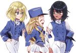  3girls adapted_uniform andou_(girls_und_panzer) arm_grab bangs bc_freedom_military_uniform black_hair blonde_hair blue_eyes blue_hat blue_jacket blue_vest brown_eyes closed_eyes closed_mouth commentary_request dark_skin dress_shirt drill_hair eyebrows_visible_through_hair girls_und_panzer hat hat_removed headwear_removed high_collar holding holding_hat jacket long_hair long_sleeves looking_at_another looking_back marie_(girls_und_panzer) medium_hair microskirt military military_hat military_uniform multiple_girls open_mouth oshida_(girls_und_panzer) pants pleated_skirt shako_cap shirt shutou_mq simple_background skirt smile standing uniform vest walking white_background white_pants white_shirt white_skirt 