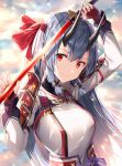  1girl blue_hair closed_mouth fate/grand_order fate_(series) hair_ribbon highres holding holding_sword holding_weapon horns katana long_hair looking_to_the_side red_eyes red_ribbon ribbon rin_yuu smile solo sword tomoe_gozen_(fate/grand_order) twitter_username upper_body weapon 