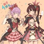  2girls ;d anniversary black_ribbon bow brown_hair cleavage_cutout confetti cowboy_shot diantha_(granblue_fantasy) dress flower granblue_fantasy hair_bow hanarito holding_hand lavender_eyes lavender_hair linaria_(granblue_fantasy) multiple_girls one_eye_closed open_mouth orange_background pink_hair plaid red_bow ribbon rose side_ponytail simple_background smile yellow_eyes 