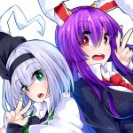  2girls :d :o animal_ears black_hairband black_ribbon breasts commentary_request eyebrows_visible_through_hair green_eyes green_vest hair_between_eyes hair_ribbon hairband hitodama ishimu konpaku_youmu konpaku_youmu_(ghost) long_hair long_sleeves medium_breasts multiple_girls necktie open_mouth purple_hair rabbit_ears red_eyes red_neckwear reisen_udongein_inaba ribbon short_hair sidelocks silver_hair simple_background smile touhou upper_body v vest white_background 