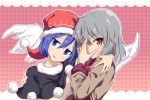  2girls :3 blue_eyes blue_hair blush capelet commentary_request doremy_sweet eyebrows_visible_through_hair gin&#039;you_haru grey_hair hair_between_eyes hand_on_another&#039;s_shoulder hand_over_face hat head_tilt highres kishin_sagume looking_at_viewer multiple_girls pom_pom_(clothes) red_eyes short_hair single_wing smile touhou upper_body wings 
