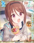  1girl bag brown_hair camisole card_(medium) cookie crepe cygames feeding food fruit hairband handbag ice_cream kashiwazaki_shiori official_art princess_connect! strawberry sweater takoyaki 