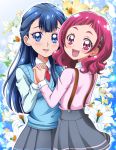  2girls :d blue_background blue_eyes blue_hair blue_shirt blush cowboy_shot floral_background flower from_behind gradient gradient_background hand_holding hanzou highres hugtto!_precure interlocked_fingers l&#039;avenir_academy_school_uniform light_particles lily_(flower) long_hair long_sleeves looking_at_viewer looking_back multiple_girls necktie nono_hana open_mouth pink_eyes pink_hair pink_shirt pleated_skirt precure red_neckwear shirt short_hair skirt smile suspenders sweater_vest yakushiji_saaya yuri 