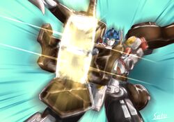  1boy 90s absurdres atsushi533822 beast_wars beast_wars_neo big_convoy blue_background cannon highres holding huge_weapon looking_at_viewer maximal no_humans oldschool simple_background solo transformers tusks weapon yellow_eyes 