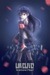  1girl anemone_heart blazer blue_hair bow bowtie commentary_request eyebrows_visible_through_hair flower futonchan hair_between_eyes holding holding_flower jacket long_hair long_sleeves love_live! love_live!_school_idol_project microphone microphone_stand music open_mouth otonokizaka_school_uniform plaid plaid_skirt pleated_skirt red_neckwear school_uniform singing skirt solo sonoda_umi standing striped_neckwear text yellow_eyes 