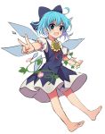  1girl absurdres ahoge barefoot blue_bow blue_dress blue_eyes blue_hair blush bow cirno commentary_request dress flower hidden_star_in_four_seasons highres ice ice_wings looking_at_viewer neck_ribbon open_mouth plant puffy_short_sleeves puffy_sleeves red_neckwear red_ribbon ribbon ruhika short_hair short_sleeves simple_background smile solo sunflower touhou v vines white_background wings 