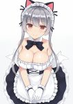  1girl animal_ears bare_shoulders black_neckwear blush bow bowtie breasts brown_eyes cat_ears cleavage closed_mouth commentary_request eyebrows_visible_through_hair gloves gradient gradient_background grey_background grey_hair highres long_hair looking_at_viewer maid maid_headdress medium_breasts mizunashi_kenichi original smile solo twintails white_gloves 