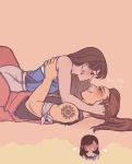  2girls bare_arms bare_shoulders blush brigitte_(overwatch) brown_hair camisole cellphone d.va_(overwatch) ear_blush english eye_contact face-to-face freckles girl_on_top grey_eyes hand_on_another&#039;s_head heart highres holding holding_phone imagining imminent_kiss long_hair looking_at_another lying multiple_girls murasaki-yuri nose_blush on_back overalls overwatch pants parted_lips phone ponytail shoulder_tattoo smartphone smile tattoo thought_bubble yuri 