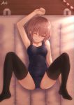  1girl absurdres arm_up bee_doushi black_legwear blush brown_eyes brown_hair from_above gym_storeroom highres looking_at_viewer lying on_back one_eye_closed original school_swimsuit solo swimsuit thigh-highs thighs 