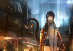  bangs bike_shorts black_hair city commentary_request cyberpunk cyborg eyepatch highres kasagarasu looking_at_viewer mechanical_arm mechanical_tail orange_eyes original prosthesis science_fiction short_hair sumi_elias swept_bangs 