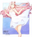  1girl anson_(13686564308) artist_name blue_eyes breasts character_name cleavage cowboy_shot darling_in_the_franxx dated dress expressionless highres horns long_hair medium_breasts pink_hair solo strap_slip white_dress wind zero_two_(darling_in_the_franxx) 