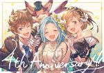  2boys 2girls ;d anniversary bare_shoulders blonde_hair blue_hair blue_neckwear bob_cut brown_eyes brown_hair closed_eyes djeeta_(granblue_fantasy) dragon dress formal gloves gran_(granblue_fantasy) granblue_fantasy hand_holding hat long_hair looking_at_viewer lyria_(granblue_fantasy) minaba_hideo multiple_boys multiple_girls necktie official_art one_eye_closed open_mouth smile suit top_hat vee_(granblue_fantasy) white_dress white_gloves yellow_border 