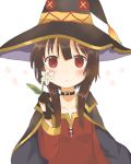  1girl black_cape black_gloves breasts brown_hair cape choker closed_mouth collar dress flower gloves hand_up hat highres holding holding_flower kono_subarashii_sekai_ni_shukufuku_wo! light_smile looking_at_viewer megumin petals red_dress red_eyes short_hair_with_long_locks sidelocks simple_background small_breasts solo standing witch_hat yuno_(suke_yuno) 