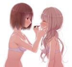  2girls applying_makeup bangs bare_arms bare_shoulders blush bra breasts brown_eyes brown_hair cleavage closed_eyes closed_mouth commentary_request fingernails from_side hair_between_eyes hand_on_another&#039;s_cheek hand_on_another&#039;s_face holding kago_no_tori light_brown_hair lipstick long_hair makeup medium_breasts multiple_girls original profile short_hair simple_background underwear underwear_only upper_body very_long_hair white_background white_bra 