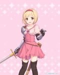  1girl absurdres armor artist_request blonde_hair brown_eyes djeeta_(granblue_fantasy) dress fighter_(granblue_fantasy) gauntlets hairband highres official_art open_mouth pink_dress princess_connect!_re:dive puffy_short_sleeves puffy_sleeves sheath short_hair short_sleeves sword weapon 