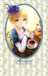  1girl artist_name blonde_hair blue_dress blue_eyes chair cup cupcake dessert dress elbows_on_table english floral_print food fruit hair_ornament hat highres looking_at_viewer original short_hair sitting spoon strawberry table teacup top_hat youzixiaoming 