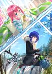  2girls arm_support bangs bare_tree barefoot bed black_coat blue_eyes blue_hair blue_sky blush brown_gloves cellphone closed_mouth clouds commentary_request curtains day eyebrows_visible_through_hair fringe gloves hair_between_eyes headwear_removed helmet helmet_removed highres holding holding_cellphone holding_phone indoors kagamihara_nadeshiko legs_up long_hair long_sleeves lying moped motorcycle_helmet multiple_girls on_stomach outdoors pajamas pants pantyhose phone pillow pink_hair purple_legwear road_sign scarf shima_rin shirt sidelocks sign sitting sky smartphone smile soles striped striped_pajamas striped_pants striped_shirt sunlight swordsouls tree under_covers violet_eyes white_scarf window yurucamp 
