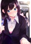  1girl bag black_hair blue_eyes blush breasts cleavage commentary_request formal hair_ornament hairclip highres looking_at_viewer mole mole_on_breast office_lady original rouka_(akatyann) short_hair solo_focus tears train_interior 