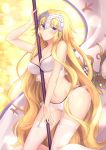  1girl arm_up bangs banner bare_arms bare_shoulders between_breasts blonde_hair blue_eyes bra breasts closed_mouth collarbone commentary_request eyebrows_visible_through_hair fate/grand_order fate_(series) garter_straps gogatsu_fukuin groin headpiece highres holding jeanne_d&#039;arc_(fate) jeanne_d&#039;arc_(fate)_(all) kneeling large_breasts light_particles long_hair looking_at_viewer navel panties see-through shiny shiny_skin smile stomach thigh-highs underwear underwear_only very_long_hair wavy_hair white_bra white_legwear white_panties yellow_background 