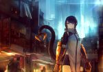  1girl bangs bike_shorts black_hair city closed_mouth cyberpunk cyborg earrings eyepatch highres jewelry kasagarasu looking_at_viewer mechanical_arm mechanical_tail orange_eyes original outdoors science_fiction short_hair shorts slit_pupils solo_focus standing sumi_elias swept_bangs 