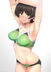  1girl :d armpits arms_up blush bra breasts brown_hair devilman eyebrows_visible_through_hair green_bra green_eyes groin kurowa large_breasts looking_at_viewer makimura_miki navel open_mouth short_hair skindentation smile solo sports_bra twitter_username underwear white_background 