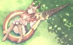 1girl animal_ears boots breasts brown_gloves brown_hair day erune gloves granblue_fantasy hair_ornament high_heel_boots high_heels huge_weapon knee_boots knees_together_feet_apart la_coiffe_(granblue_fantasy) leaf_hair_ornament long_hair looking_at_viewer lying medium_breasts miniskirt on_back one_eye_closed open_mouth outdoors poru_(naasan) puffy_short_sleeves puffy_sleeves scissors shadow short_sleeves skirt solo weapon 