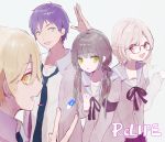  2boys 2girls :d blonde_hair blue_background blue_eyes brown_eyes brown_hair copyright_name glasses grey_hair hishiro_chizuru kaizaki_arata looking_at_viewer multiple_boys multiple_girls necktie onoya_an open_mouth pill ponytail purple_hair relife school_uniform sezo_(shizuku) short_hair smile standing yellow_eyes yoake_ryou 