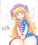  1girl ballpoint_pen_(medium) blush clownpiece covering covering_crotch dress fairy_wings flying_sweatdrops graphite_(medium) hat highres jester_cap long_hair marker_(medium) short_dress shy sokutenkun solo tears thick_thighs thighs touhou traditional_media very_long_hair violet_eyes wavy_hair wide_hips wings 