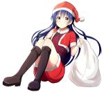  1girl bangs blue_hair blush boots commentary_request full_body fur_trim hat highres holding knee_boots long_hair looking_at_viewer love_live! love_live!_school_idol_project sack santa_costume santa_hat simple_background smile solo sonoda_umi tata_(tataice) white_background 