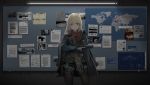  1girl absurdres aegisfate blonde_hair blue_eyes blueprint english gloves gun handgun highres holding holding_gun holding_weapon jacket_on_shoulders map newspaper original pantyhose photo_(object) pistol short_shorts shorts solo trigger_discipline weapon 