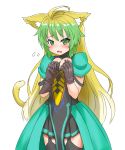  1girl ahoge animal_ears atalanta_(fate) bangs blonde_hair blush cat_ears cat_tail cowboy_shot cutout embarrassed fate/apocrypha fate/grand_order fate_(series) flying_sweatdrops garter_straps gradient_hair green_eyes green_hair long_hair looking_at_viewer multicolored_hair open_mouth pleated_skirt puffy_short_sleeves puffy_sleeves short_sleeves simple_background skirt solo tail thigh-highs two-tone_dress very_long_hair white_background yuzu_kiro 