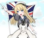  1girl blonde_hair blue_eyes blue_sailor_collar clouds cloudy_sky commentary_request cowboy_shot dress gloves hamura hat jervis_(kantai_collection) kantai_collection long_hair looking_at_viewer open_mouth sailor_collar sailor_dress short_sleeves sky smile solo union_jack white_dress white_gloves white_hat 