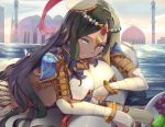  1girl arm_wrap armlet bangs black_hair blue_armor blush bracelet breastplate breasts bridal_gauntlets chains circlet dark_skin fate/grand_order fate_(series) feathers food forehead_jewel fruit grapes green_eyes hat jewelry large_breasts long_hair looking_at_viewer lying mosta_(lo1777789) on_stomach parted_bangs pauldrons pear ring scheherazade_(fate/grand_order) scroll solo tray very_long_hair 